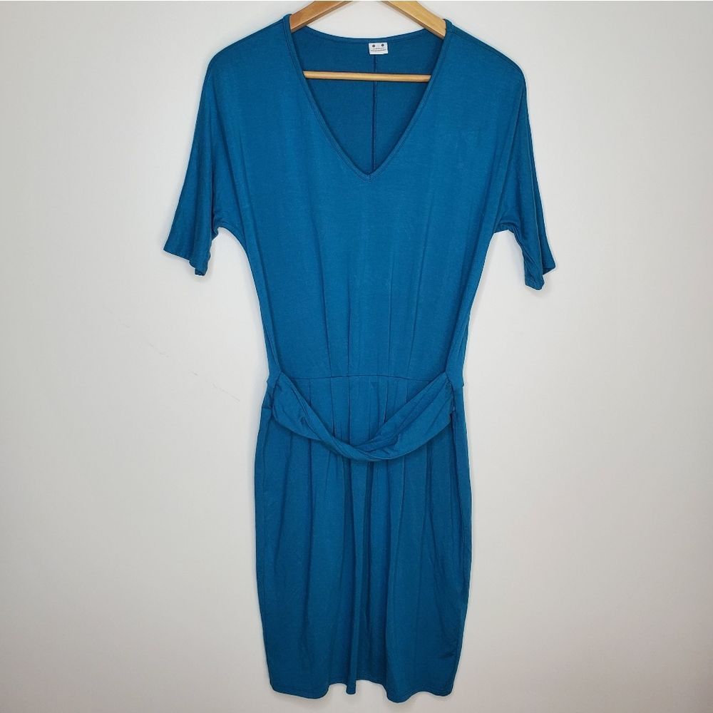 Three Dots Twist Gathered Short Sleeve Teal Stretch Jersey Viscose Dress Size M